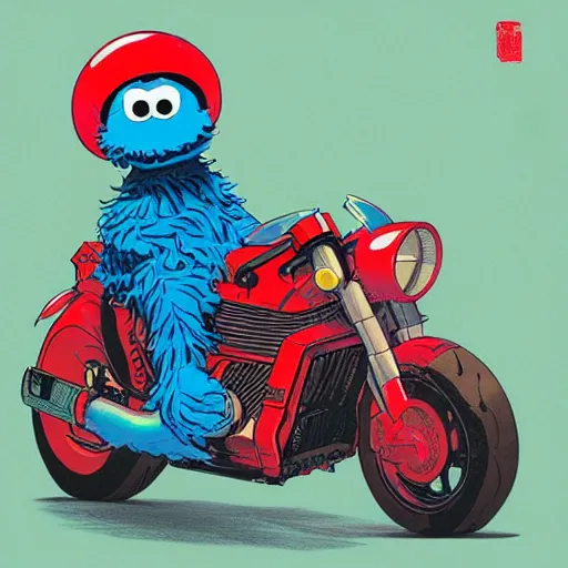 Image similar to illustration of cookie monster riding kaneda's motorcycle from akira by ilya kuvshinov katsuhiro otomo