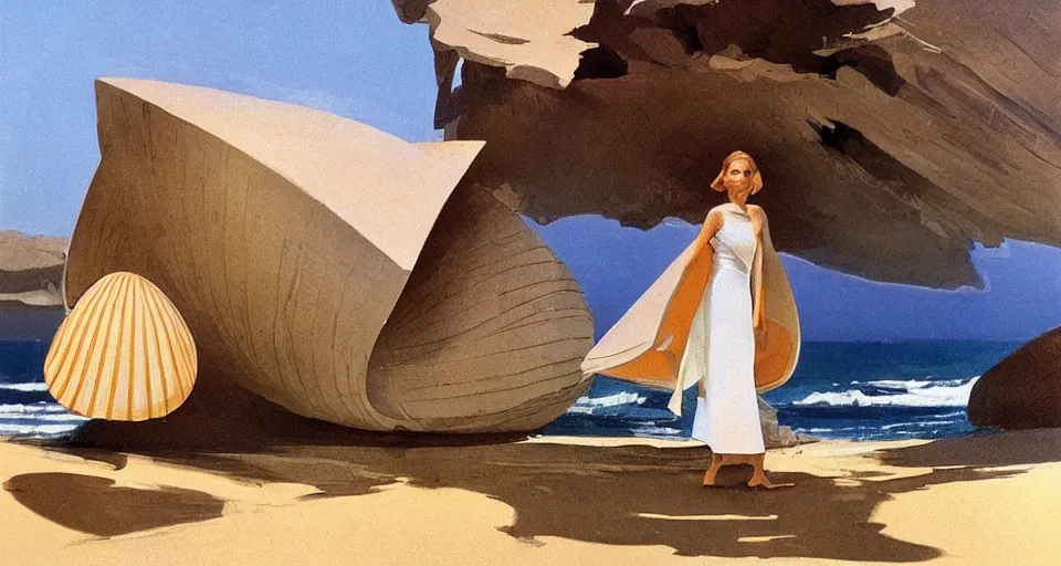 Prompt: a hermit girl standing outside her big seashell home, atmospheric cinematography by syd mead