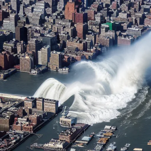 Prompt: tsunami wave crashing into manhattan, aerial photograph