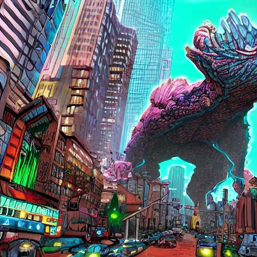 Image similar to giant cybertoad of death destroying a city