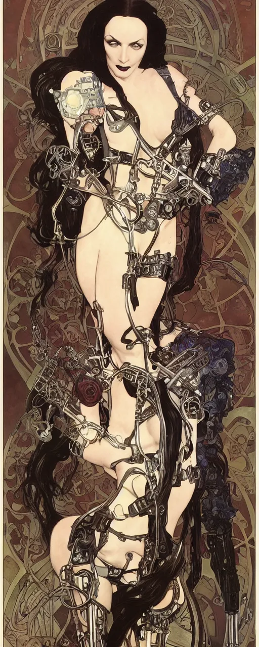 Prompt: a beautiful and captivating art nouveau industrial style portrait of morticia adams as a heavy metal rebel soldier by chris achilleos, travis charest and alphonse mucha, mixed media painting, photorealism, extremely hyperdetailed, perfect symmetrical facial features, perfect anatomy, ornate declotage, circuitry, technical detail, confident expression