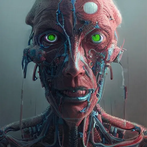 Image similar to portrait art illustration of an ultradetailed biomechanic evil neuronal cyborg, by greg rutkowski and Zdzisław Beksiński., photorealistic, 8k, intricate, futuristic, dramatic light, trending on cg society