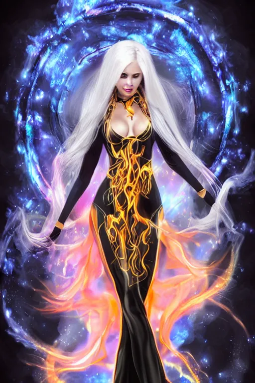 Prompt: Full body Portrait of a female elementalist, black-white skintight robes!, leggins, golden accessories, garments, fiery red hair, long straight hair, sculptured face, blue eyes, red lipstick, floating, orange fire/blue ice duality!, dual magics, extremely detailed, by frank franzzeta, WLOP, Genzoman and gary gygax, trending on artstation, artstationHD, artstationHQ, deviantart, 16K, HD, matte painting, vibrant colors