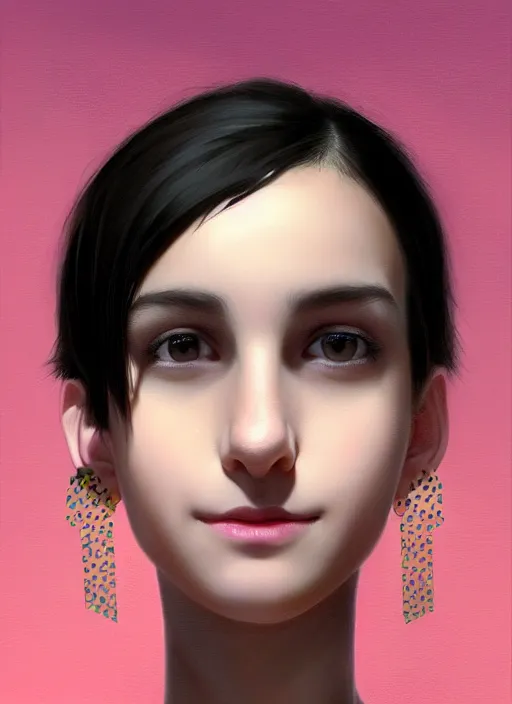 Image similar to portrait of teenage girl, narrow face, short black hair, bangs, half updo hairstyle, skinny, big nose, smile, unattractive, defined jawline, long chin, wearing hair bow, earrings, intricate, elegant, glowing lights, highly detailed, digital painting, artstation, sharp focus, illustration, art by wlop, mars ravelo and greg rutkowski