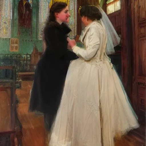 Image similar to two young edwardian women getting married to each other in a russian church, in the style of anders zorn