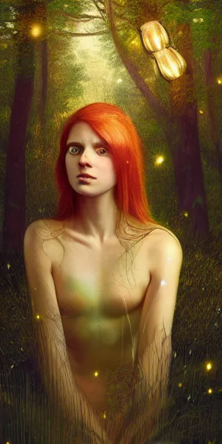 Image similar to an amazed young woman surrounded by golden firefly lights in a mesmerizing scene, sitting amidst nature fully covered, long loose red hair, precise linework, accurate green eyes, small nose with freckles, smooth oval shape face, empathic, bright smile, expressive emotions, hyper realistic ultrafine portrait by artemisia gentileschi, jessica rossier, boris vallejo