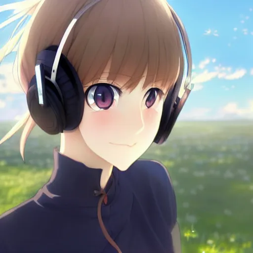 Image similar to painting of a cute girl wearing headphones in the style of violet evergarden, beautiful anime art style, winged eyelashes, countryside, calm, fantasy character portrait, dark outlines, dynamic pose, above view, sunny day, artwork by makoto shinkai, very coherent asymmetrical artwork, sharp edges, perfect face, simple form, 1 0 0 mm