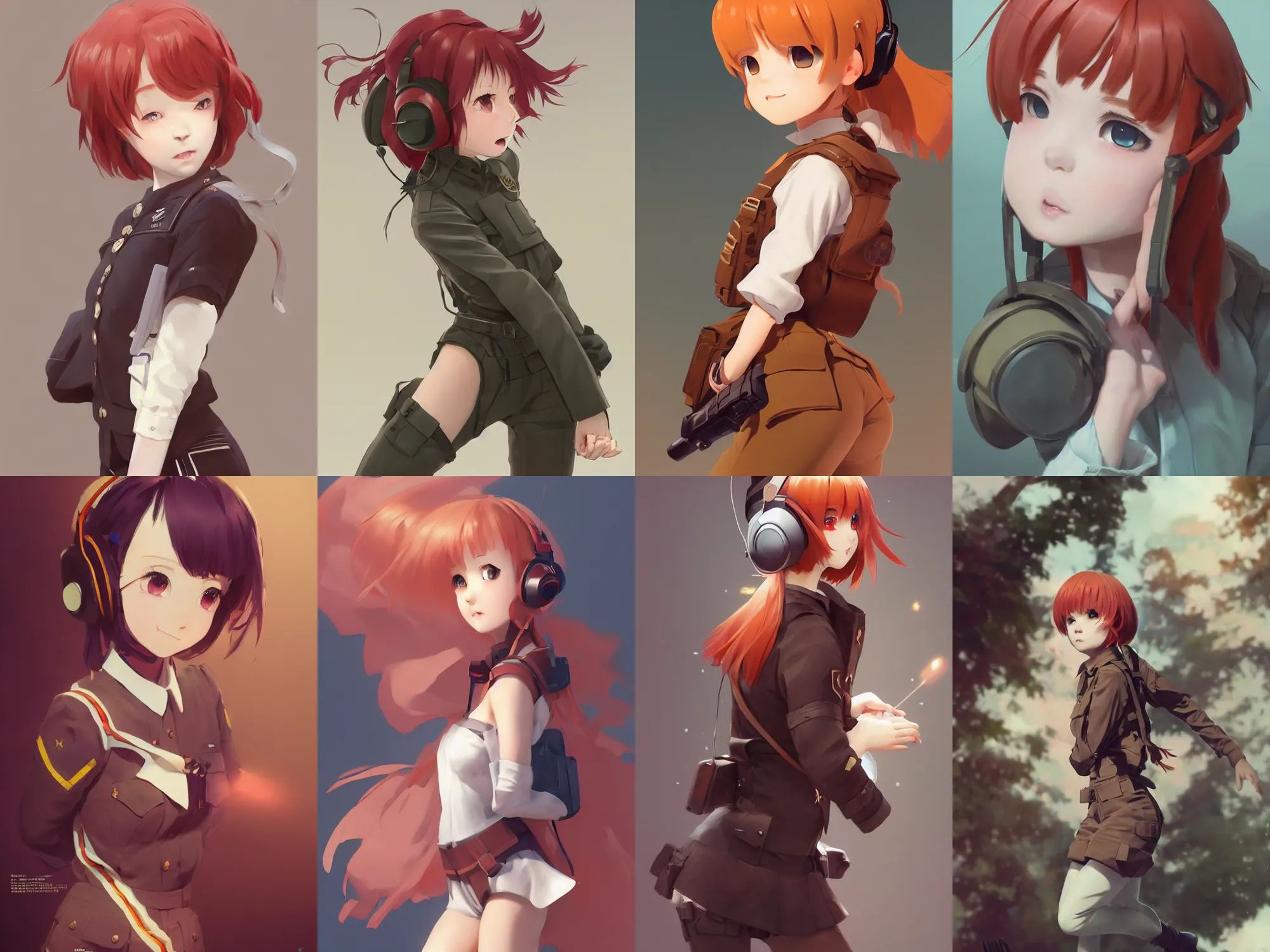 Prompt: CalArts. Very complicated dynamic composition, realistic anime style at Pixiv CGSociety by WLOP, ilya kuvshinov, krenz cushart, Greg Rutkowski, trending on artstation. Zbrush sculpt colored, Octane render in Maya and Houdini VFX, young redhead girl in motion, cute, innocent, she expressing joy, wearing military uniform, headphones, silky hair, stunning deep eyes. In cityscape. Very expressive and inspirational. Amazing textured brush strokes. Cinematic dramatic atmosphere, soft volumetric studio lighting.