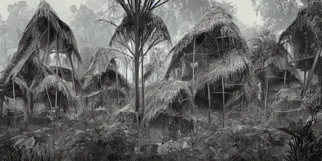 Image similar to long and tall organic houses, village, jungle, black and white, year 1 9 0 0, artstation, digital art