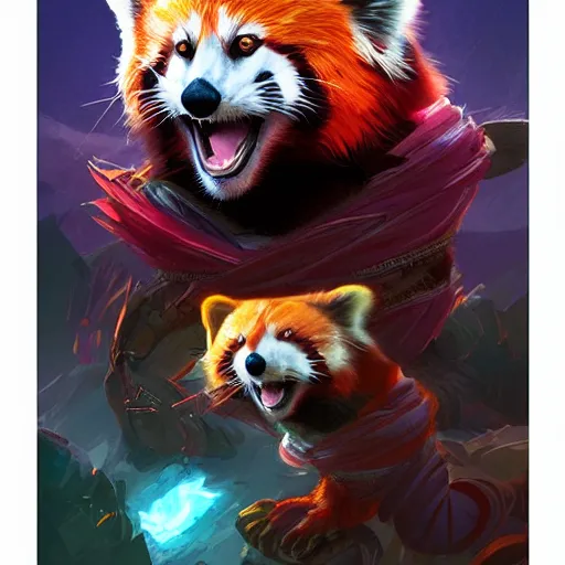 Image similar to red panda as dota 2 character, digital illustration portrait design, by android jones and greg rutkowski, retrowave color scheme, detailed, cinematic lighting, wide angle action dynamic portrait