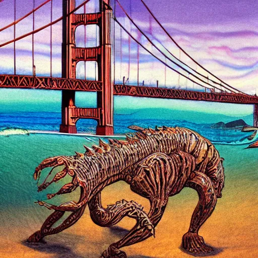 Image similar to giant bone creature standing in the ocean in front of the golden gate bridge, extreme detail, abstract realism, highly ornate intricate details, 1 9 2 0's colored pencil, 4 k, cinematic lighting,