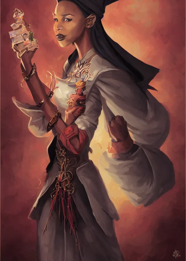 Prompt: a female dnd wizard's portrait by brian patterson and rhads, black skin, african, ethiopian, red robes, necromancer, clear - eyed, elegant bones, skulls, papers and tomes