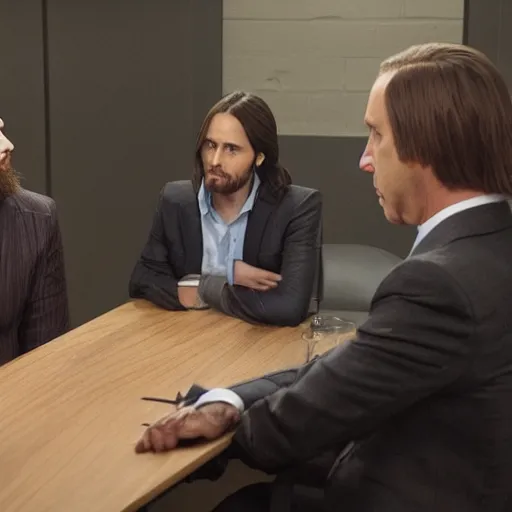 Image similar to jared leto meeting saul goodman in an interrogation room