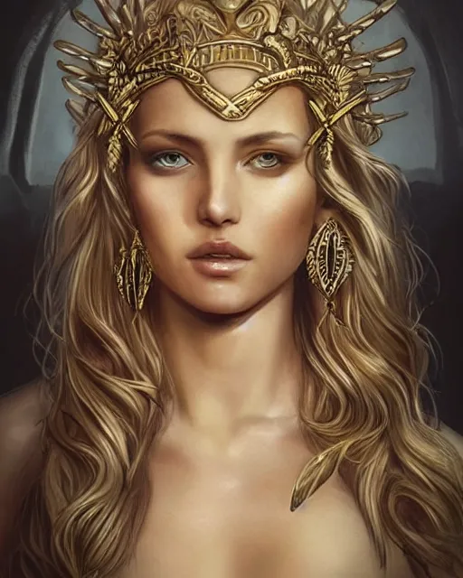 Image similar to tattoo design sketch of hot blonde super model as aphrodite greek goddess wearing a gold laurel wreath and triangle earrings, beautiful piercing gaze with sharp pupils, in the style of greg rutkowski, fantasy, amazing detail, epic, elegant, smooth, sharp focus, front view