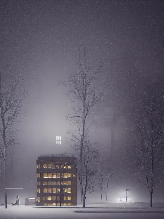 Image similar to award - winning photo of low soviet residential building, russian suburbs, lights are on in the windows, deep night,, cozy atmosphere, winter, heavy snow, light fog, streetlamps with orange light, volumetric light, several birches nearby, elderly people stand at the entrance to the building, mega detailed, unreal render