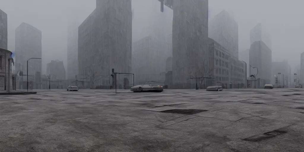 Image similar to wide - angle view of a deserted city with brutalism architecture and stone buildings with overcast and foggy weather. detailed, ultra - realistic, 4 k.