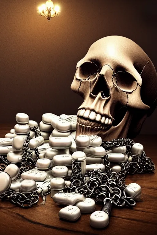 Image similar to beautifull and very tired womanlooking pile Off pills, drugs, cigarrette boxes and a skull on a wooden table, skull made out of smoke coming out of pills, fantasy, intricate, elegant, highly detailed, digital painting, artstation, concept art, addiction, chains, smooth, sharp focus, illustration, art by Ilja Repin