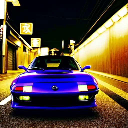 Image similar to a car Mazda RX7 in middle of road, gunma prefecture, night city, cinematic color, photorealistic, highly detailed