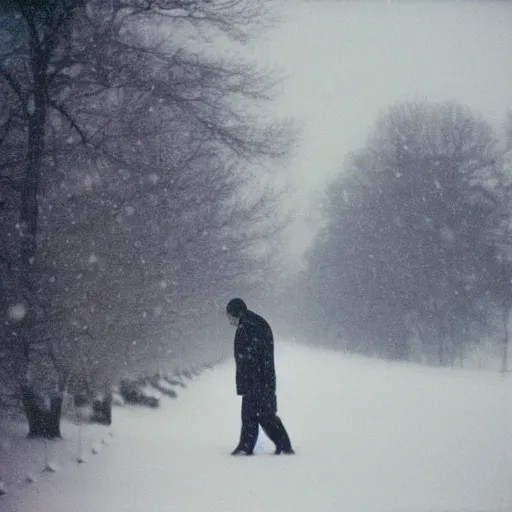 Image similar to photograph of a man sleepwalking during a blizzard, 8 0 mm film