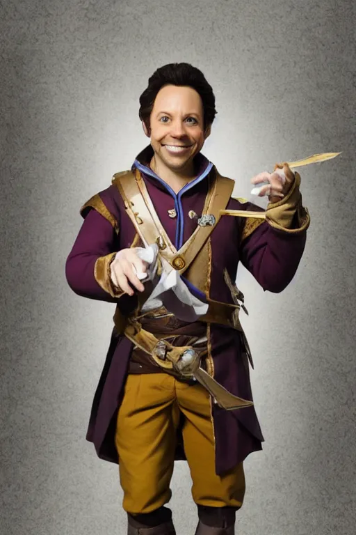 Prompt: Sam Riegel as Scanlan Shorthalt from Vox Machina, Halfling Bard, realistic cinematic shot, flipping you off using Bigby's Hand, subtle fog and mood lighting