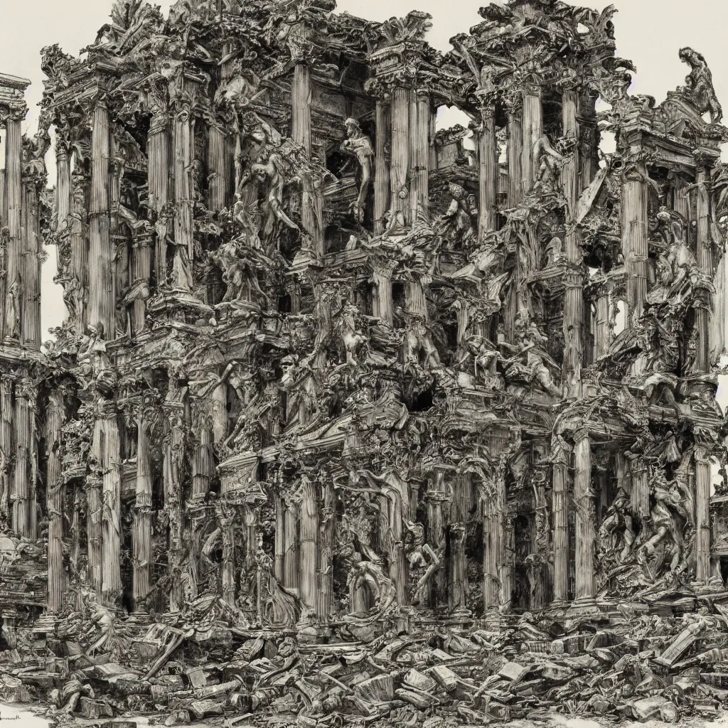 Prompt: extremely detailed illustration by bernie wrightson of a destroyed panteon with 7 statues of extint forgotten gods