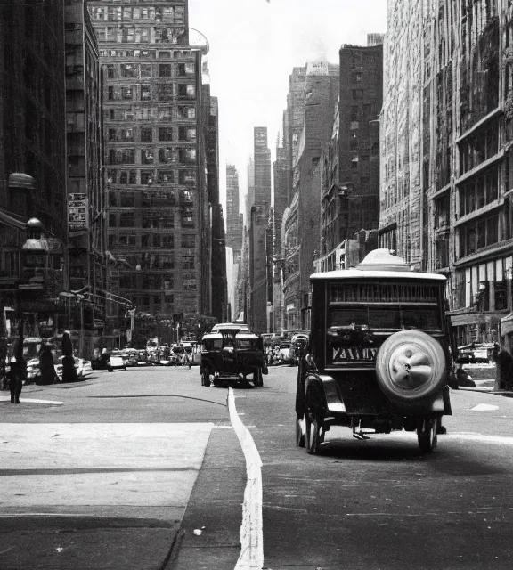 Prompt: a vintage photo of a taxi cab driving on a new york city road.