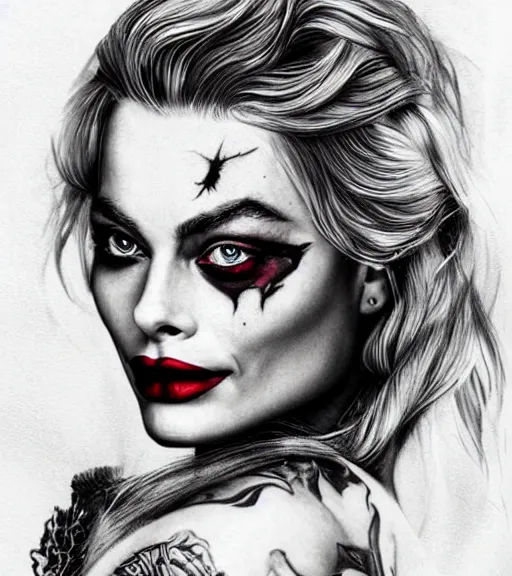 Prompt: tattoo design sketch of beautiful margot robbie portrait with joker makeup, in the style of den yakovlev, realistic face, black and white, faded outline, realism tattoo, hyper realistic, highly detailed