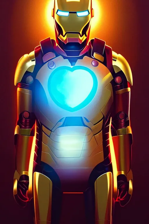 Image similar to Boris Johnson in the Iron Man suite wit no helmet on, visible face, Boris Johnson face, portrait, neon heart reactor, gold and blue, highly detailed, digital painting, artstation, concept art, smooth, sharp focus, illustration, cinematic lighting, art by artgerm and greg rutkowski and alphonse mucha