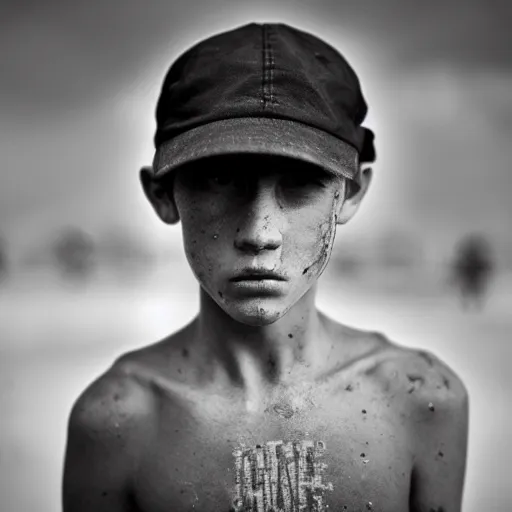 Prompt: A portrait of a homeless teenage caucasian boy with a dirty face and a melancholic expression wearing a classical jeans English cap with a sunny Amsterdam in the background, by Lee Jeffries, harsh lighting, Steve McCurry, uneven skintone, coarse skin, striking features, frontal lighting,