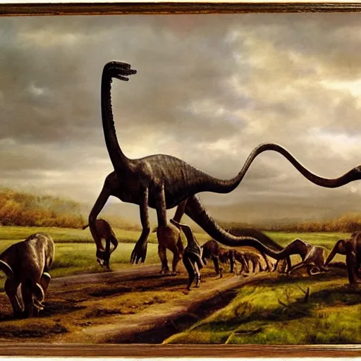 Prompt: group of hunters chasing a diplodocus in the plain, hyper-realist