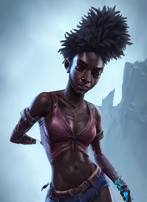 Image similar to An epic fantasy comic book style portrait painting of a short dark skinned girl thief with spidery hair and kind eyes, unreal 5, DAZ, hyperrealistic, octane render, cosplay, RPG portrait, dynamic lighting