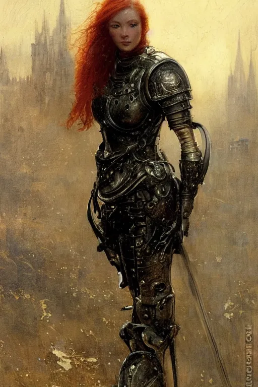 Image similar to short muscular redhead young woman wearing black medieval armour, bare legs, detailed, by gaston bussiere, bayard wu, greg rutkowski, giger, maxim verehin, greg rutkowski, masterpiece, sharp focus, cinematic lightning