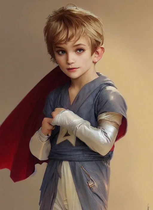 Prompt: a little boy with a mischievous face and short straight blonde hair. he is dressed as a superhero. clean elegant painting, beautiful detailed face. by artgerm and greg rutkowski and alphonse mucha