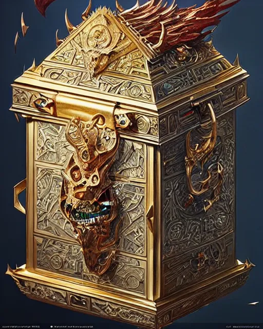 Prompt: A living treasure chest with sharp teeth, highly detailed, intricate crystals, sharp focus, interior design art by Artgerm and Greg Rutkowski and WLOP