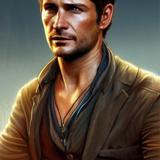 Image similar to A combination of Jensen Ackles's and Orlando Bloom's and Timothy Olyphant's faces as Nathan Drake, western, D&D, fantasy, intricate, elegant, highly detailed, digital painting, artstation, concept art, matte, sharp focus, illustration, art by Artgerm and Greg Rutkowski and Alphonse Mucha