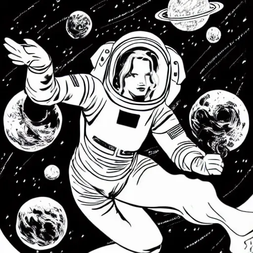 Prompt: clean simple line art of a woman with long curly hair floating in space. she is an astronaut, wearing a space suit. white background. well composed, clean black and white line drawing, beautiful detailed face. illustration by charlie adlard and steve ditko