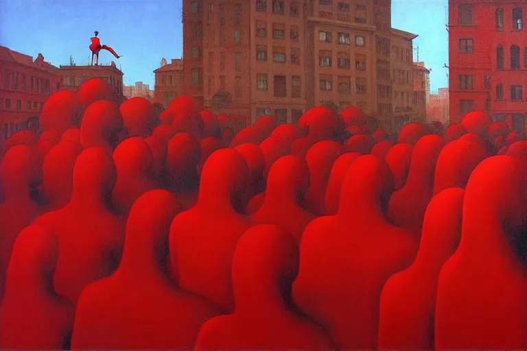 Image similar to only with red, a crowd with big smiles in the middle of a square, a paint in the middle, in the style of beksinski, parts by edward hopper, parts by rodcenko, parts by yue minjun, intricate and epic composition, red by caravaggio, insanely quality, highly detailed, masterpiece, red light, artstation, 4 k