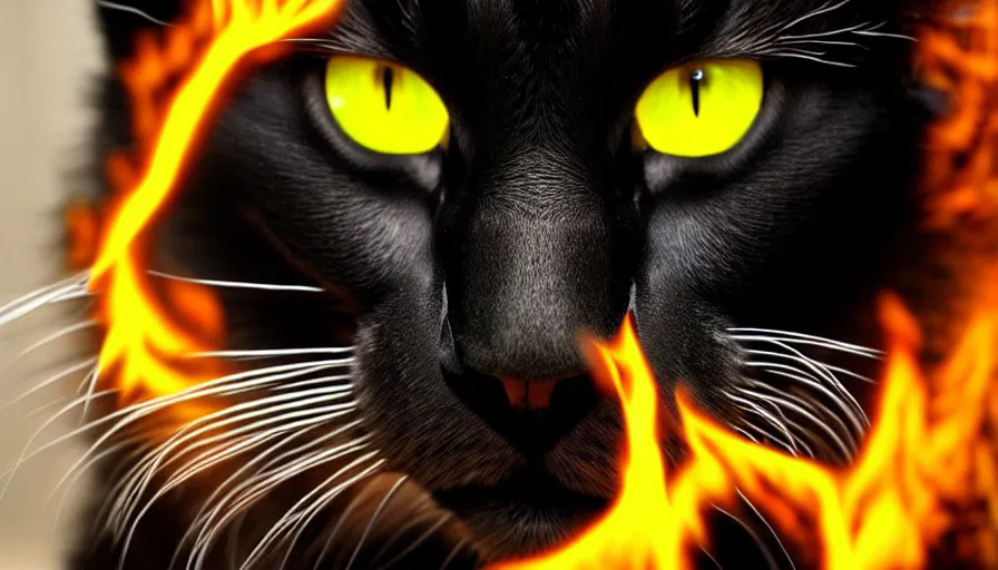 Prompt: big cat, black, fiery yellow eyes, flaming ears, paws, tail