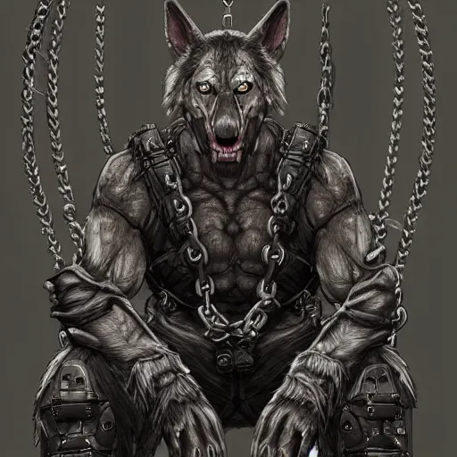 Image similar to a wounded humanoid german shepherd beast - man in military style, his hands are covered with chains, sitting on the bed, highly detailed portrait, digital painting, artstation, concept art, smooth, sharp foccus ilustration, artstation