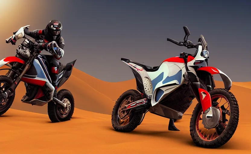 Prompt: prototype, futuristic dakar motorbike, dakar race, sand and desert in background, symmetrical mechanical features, off - road, designed by professional, smooth curvatures, brushed red and blue paint, hard surfaces modelling, dramatic lighting, hyper realistic rendering, octane, depth of field, bokeh effect, 4 k