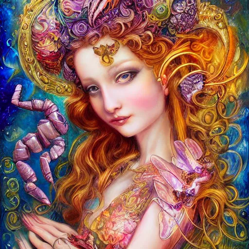 Image similar to portrait of a cute pretty scorpion fairy, fantasy, whimsical, art by josephine wall and chengwei pan, intricately detailed, highly detailed, luxurious, elegant, clean, trending on artstation