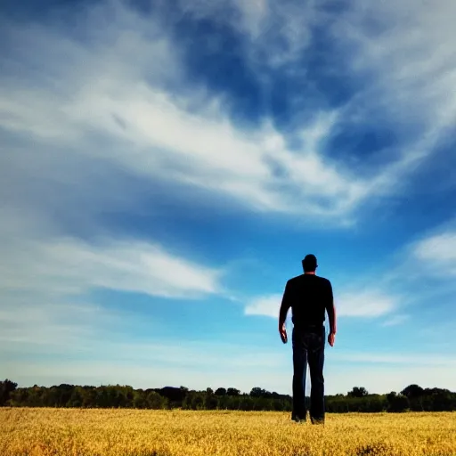 Image similar to a man standing in a open field with a rift in the sky, wide angle shot, hd, intricate detail