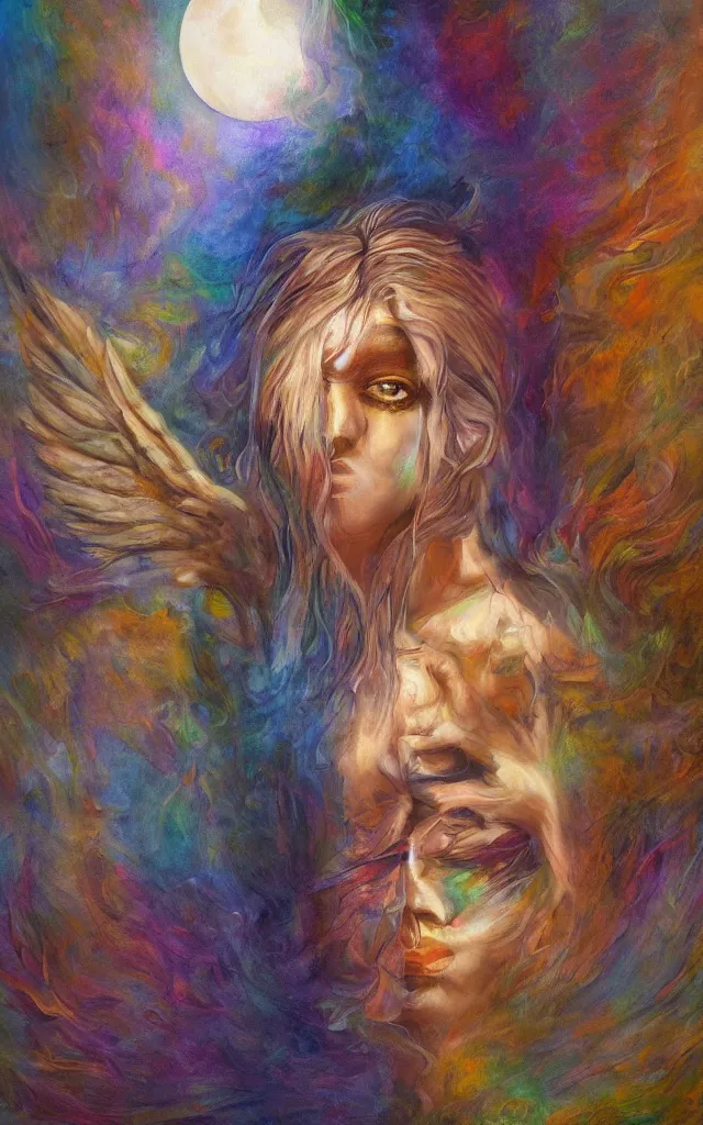 Image similar to iridescent spirit of desire and fear cruel beautiful spirit (androgynous) with golden eyes lunar mythos ambient fog, award winning oil painting, distinct color palette