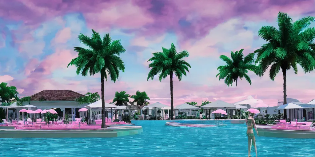 Prompt: artgem, hyperrealistic surreal virtual world of a florida keys resort with palm trees around a pool, a surreal vaporwave liminal space, pink sky, strange colors, unsettling vibe, minimalist architecture, metaverse, calming, meditative, dreamscape