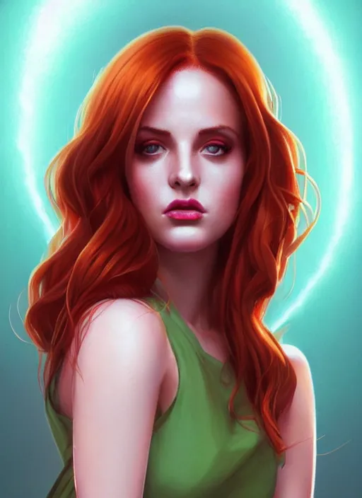 Image similar to full body portrait of teenage cheryl blossom, bangs, green eyes, mischievous expression, red hair, sultry smirk, bangs and wavy hair, intricate, elegant, glowing lights, highly detailed, digital painting, artstation, concept art, smooth, sharp focus, illustration, art by wlop, mars ravelo and greg rutkowski