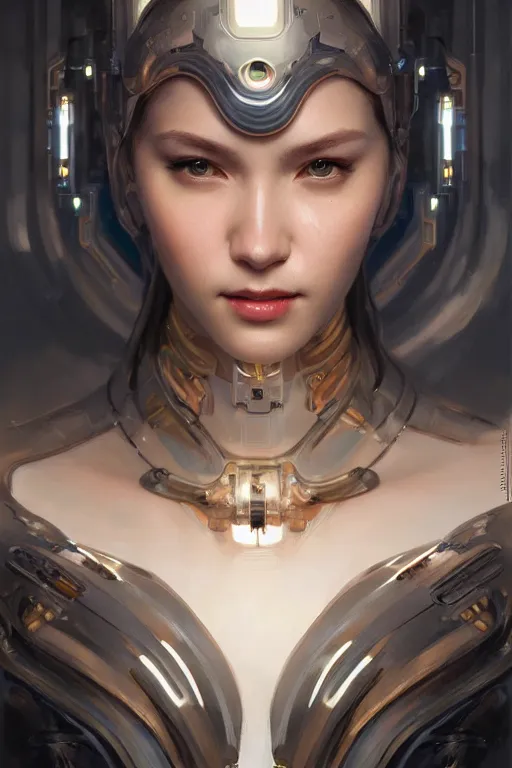 Image similar to Portrait of beautiful smiling Ultra realistic illustration, beautiful alluring female cyborg, cyberpunk, sci-fi, fantasy, intricate, elegant, highly detailed, digital painting, artstation, concept art, smooth, sharp focus, illustration, art by Yintion J , Jiang Geping and artgerm and greg rutkowski and alphonse mucha.