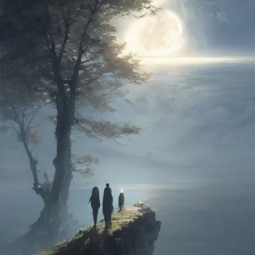 Image similar to serenity would you stare forever at the sun and never watch the moon rising? would you walk forever in the light to never learn the secret of the quiet night? painted by greg rutkowski, wlop,