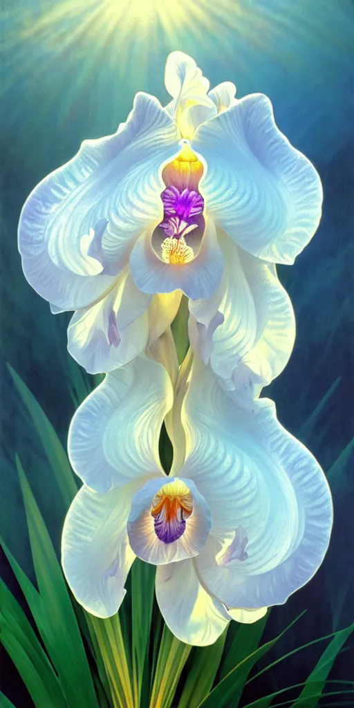 Image similar to detailed giant white holographic orchid iris hybrid flower, lsd water, lsd ripples, droplets, backlit, sunset, refracted lighting, art by collier, albert aublet, krenz cushart, artem demura, alphonse mucha