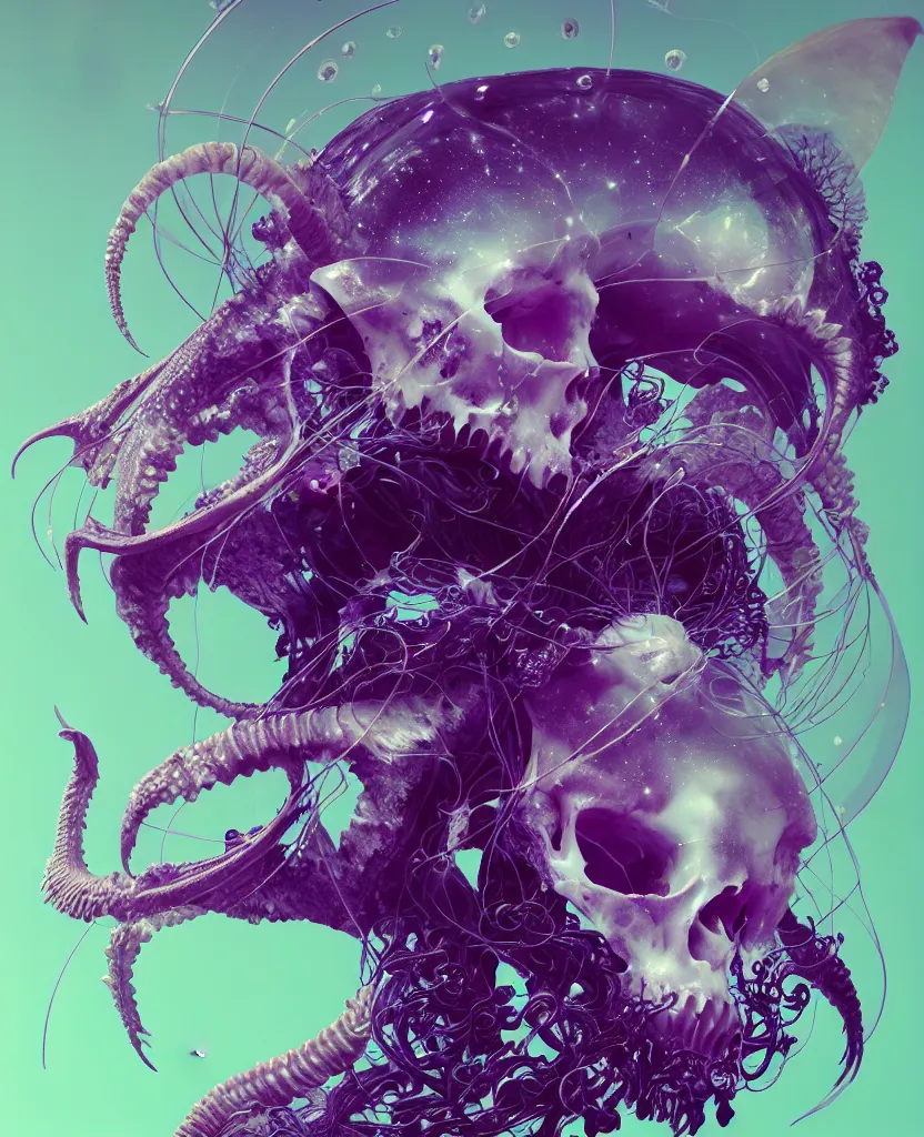 Image similar to goddess close-up portrait goat skull. jellyfish phoenix head, nautilus, orchid, skull, betta fish, bioluminiscent creatures, intricate artwork by Tooth Wu and wlop and beeple. octane render, trending on artstation, greg rutkowski very coherent symmetrical artwork. cinematic, hyper realism, high detail, octane render, 8k