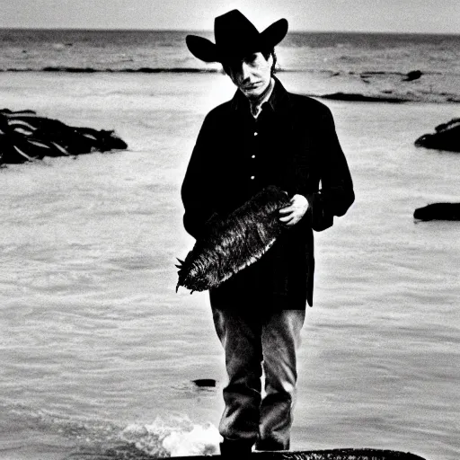 Image similar to bob dylan holding up bull kelp, gazing at it endearingly, photograph